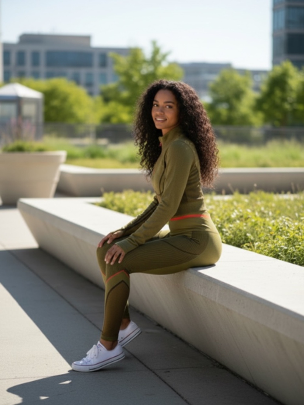 Fabletics 2-Piece Seamless Athleisure Set Olive Green Leggings + Crop Zip Top - Picture 2 of 7